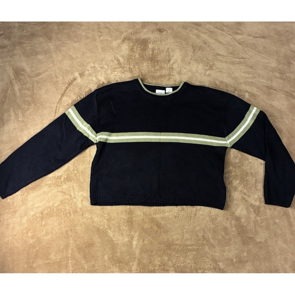 VTG Arizona Jean Co 90s Women's Sweater Large Navy Blue Striped Cropped Skater